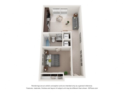 A 3D floor plan of a small apartment with a kitchen, living room, and bathroom.