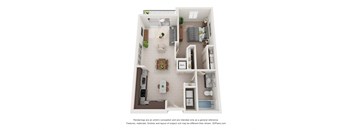 A 3D floor plan of a house with a kitchen, living room, dining room, and bedrooms.