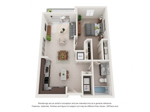 A 3D floor plan of a house with a kitchen, living room, dining room, and bedrooms.