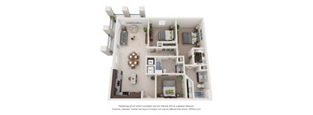 A 3D floor plan of a house with a kitchen, living room, and bedrooms.