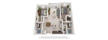 A 3D floor plan of a house with a kitchen, living room, and two bedrooms.