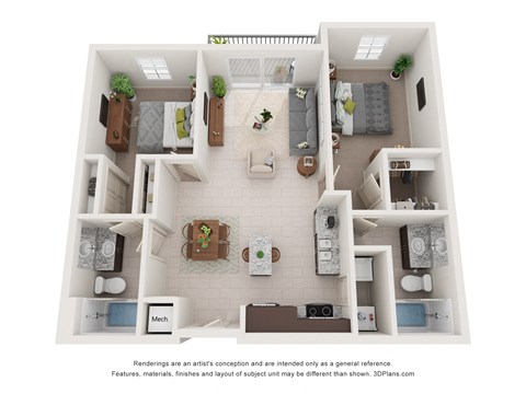 A 3D floor plan of a house with a kitchen, living room, and two bedrooms.