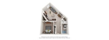 A 3D floor plan of a house with a kitchen, living room, and bedrooms.