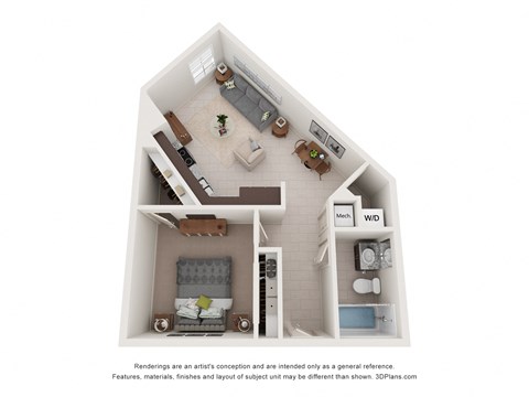 A 3D floor plan of a house with a kitchen, living room, and bedrooms.