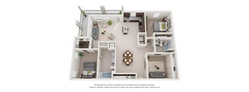 A 3D floor plan of a house with a kitchen, living room, and two bedrooms.