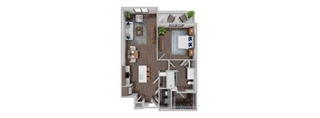 A top-down view of a house layout with a kitchen, living room, and bedrooms.