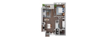 A top-down view of a house layout with a kitchen, living room, and bathroom.