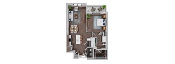 A top-down view of a modern apartment layout with a kitchen, living room, and bathroom.