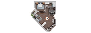 A top-down view of a small apartment with a bedroom, living room, and kitchen.