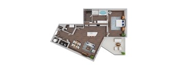 A 3D floor plan of a house with a kitchen, living room, and bathroom.