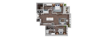 A 3D floor plan of a small apartment with a kitchen, living room, and bathroom.