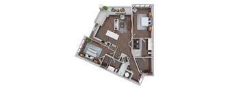 A top-down view of a house layout with a kitchen, living room, and bathroom.