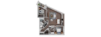 A 3D rendered image of a house layout.