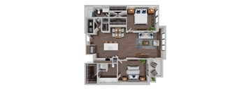 A 3D floor plan of a house with a kitchen, living room, and bedrooms.