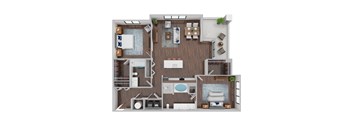 A 3D floor plan of a house with a kitchen, living room, and bathroom.