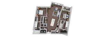 A 3D layout of a house with a kitchen, living room, and dining area.