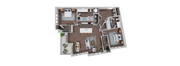 A 3D floor plan of a house with a kitchen, living room, and bathrooms.