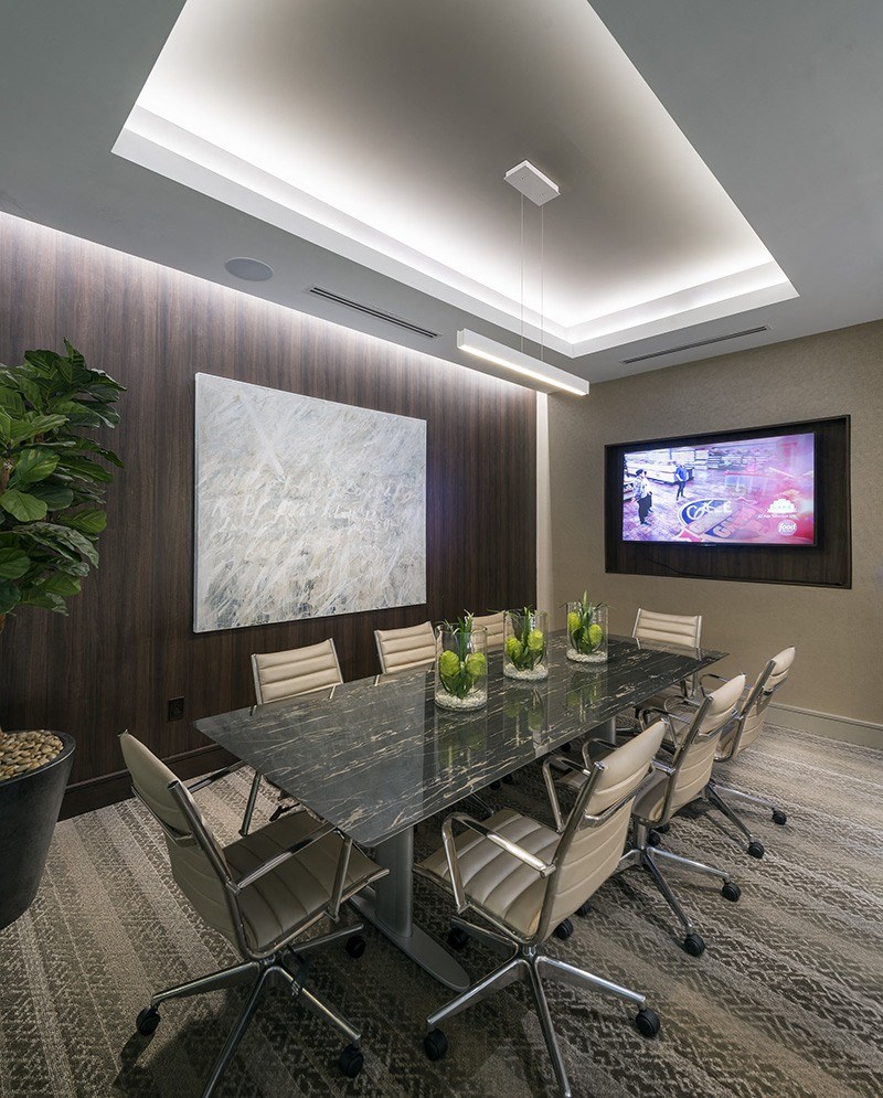 A conference room with a long table and chairs, a television on the wall, and a potted plant on the left side.