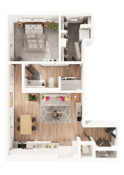 a 3D floorplan of a one bedroom floorplan