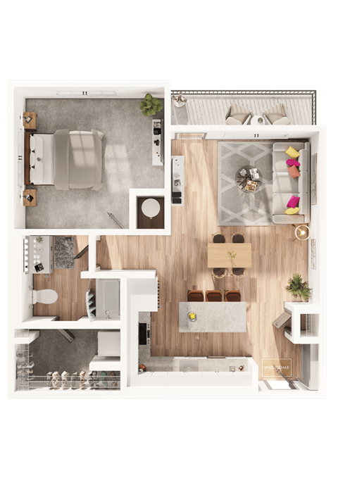 a 3D floorplan of a one bedroom floorplan