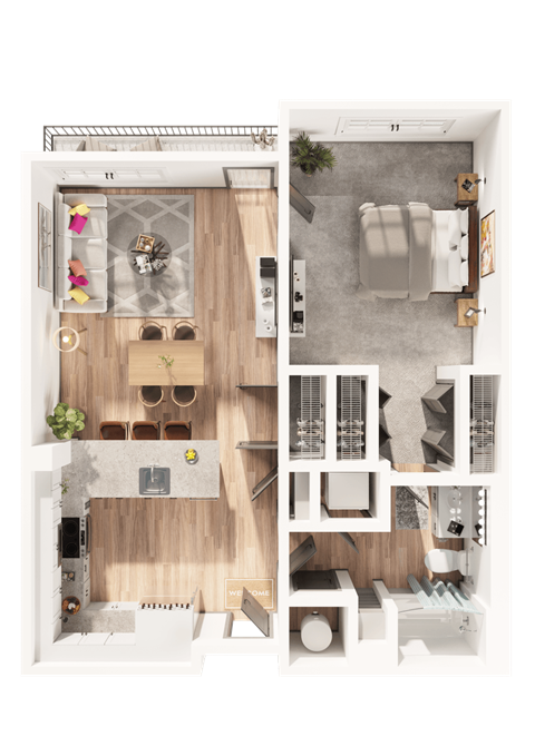 a 3D floorplan of a one bedroom floorplan