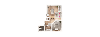 a 3D floorplan of a one bedroom floorplan