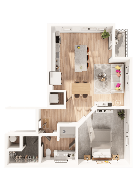 a 3D floorplan of a one bedroom floorplan