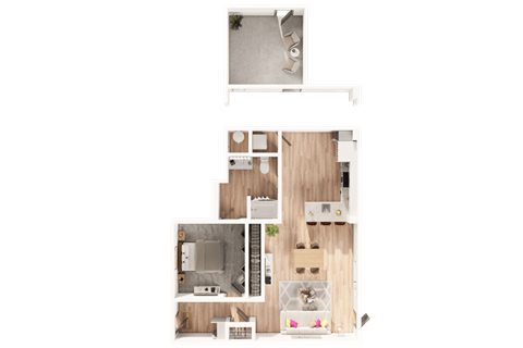 a 3D floorplan of a one bedroom floorplan