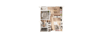 a 3D floorplan of a one bedroom floorplan