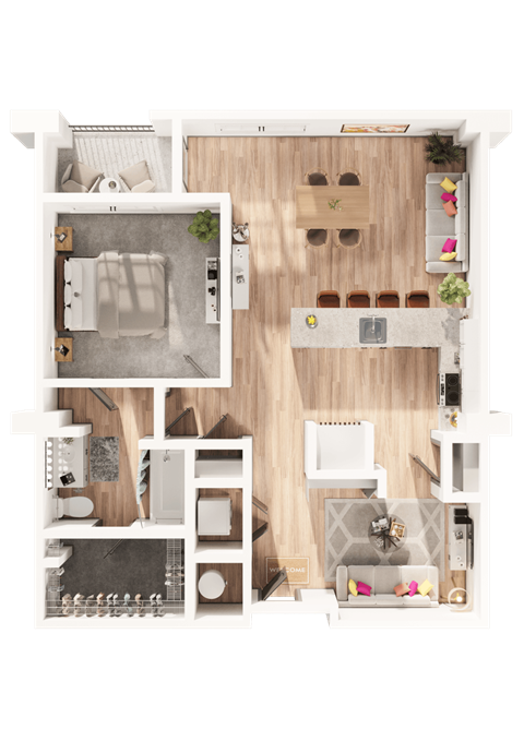 a 3D floorplan of a one bedroom floorplan