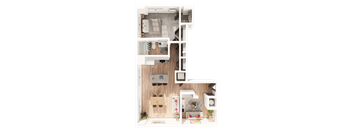 a 3D floorplan of a one bedroom floorplan