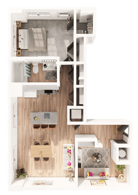 a 3D floorplan of a one bedroom floorplan