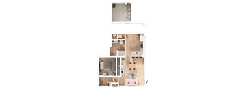 a 3D floorplan of a one bedroom floorplan