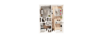 a 3D floorplan of a one bedroom floorplan