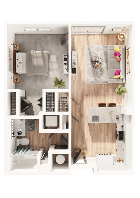 a 3D floorplan of a one bedroom floorplan