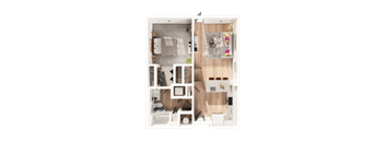 a 3D floorplan of a one bedroom floorplan