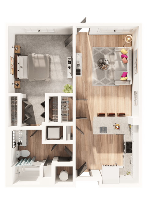 a 3D floorplan of a one bedroom floorplan