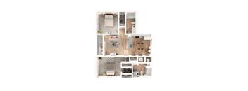 a 3D floorplan of a two bedroom floorplan