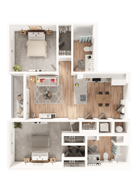 a 3D floorplan of a two bedroom floorplan