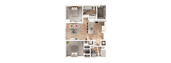 a 3D floorplan of a two bedroom floorplan