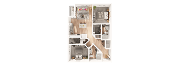 a 3D floorplan of a two bedroom floorplan