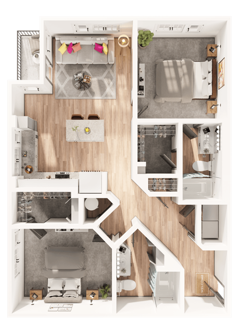 a 3D floorplan of a two bedroom floorplan