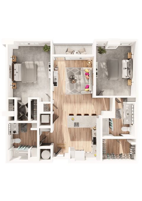 a 3D floorplan of a two bedroom floorplan