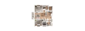 a 3D floorplan of a two bedroom floorplan