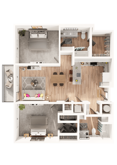 a 3D floorplan of a two bedroom floorplan