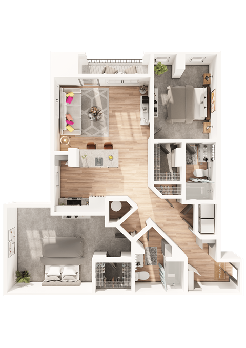 a 3D floorplan of a two bedroom floorplan