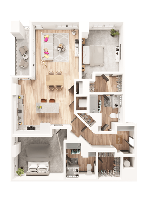 a 3D floorplan of a two bedroom floorplan