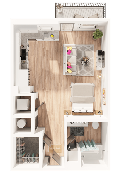a 3D floorplan of a studio floorplan