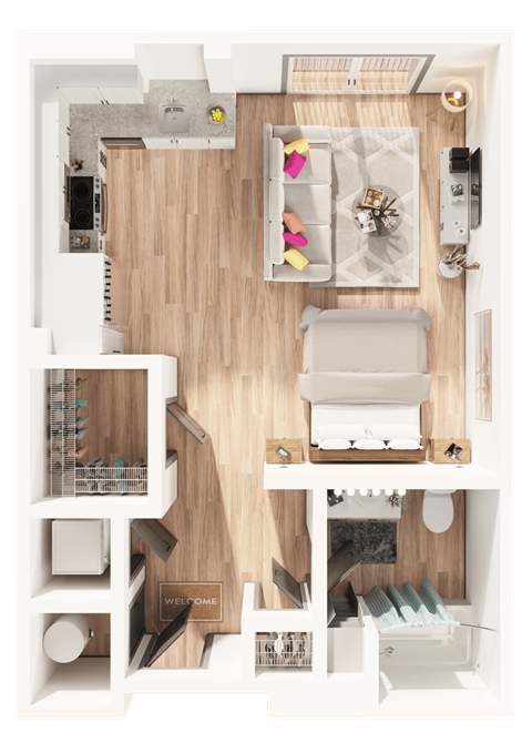 a 3D floorplan of a studio floorplan