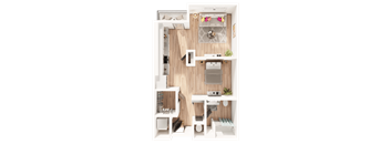 a 3D floorplan of a studio floorplan
